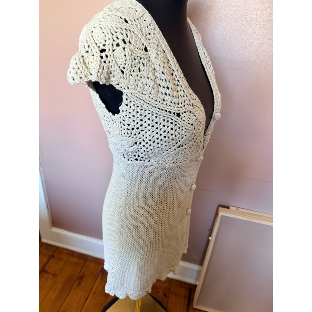 Sigrid Olsen Small Cream Crochet Cardigan Top Cap Sleeve Ramie Cotton Boho - Picture 9 of 11